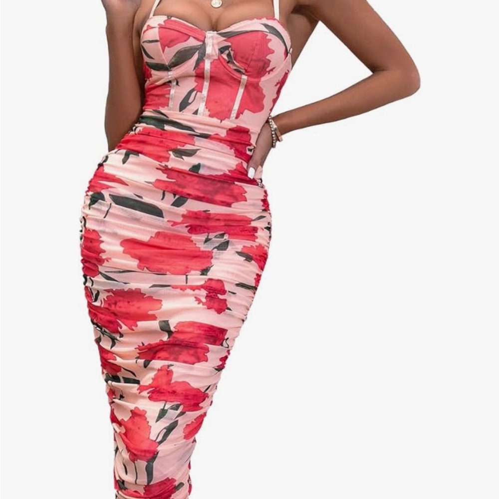 Women's Spaghetti Strap Floral Print Mesh Ruched Midi Dress Size Small